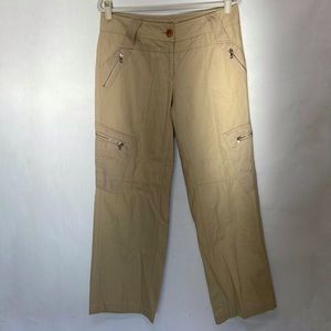 MARC AUREL KHAKI TAN CARGO WIDE LEG ZIPPER COTTON LINEN PANTS
